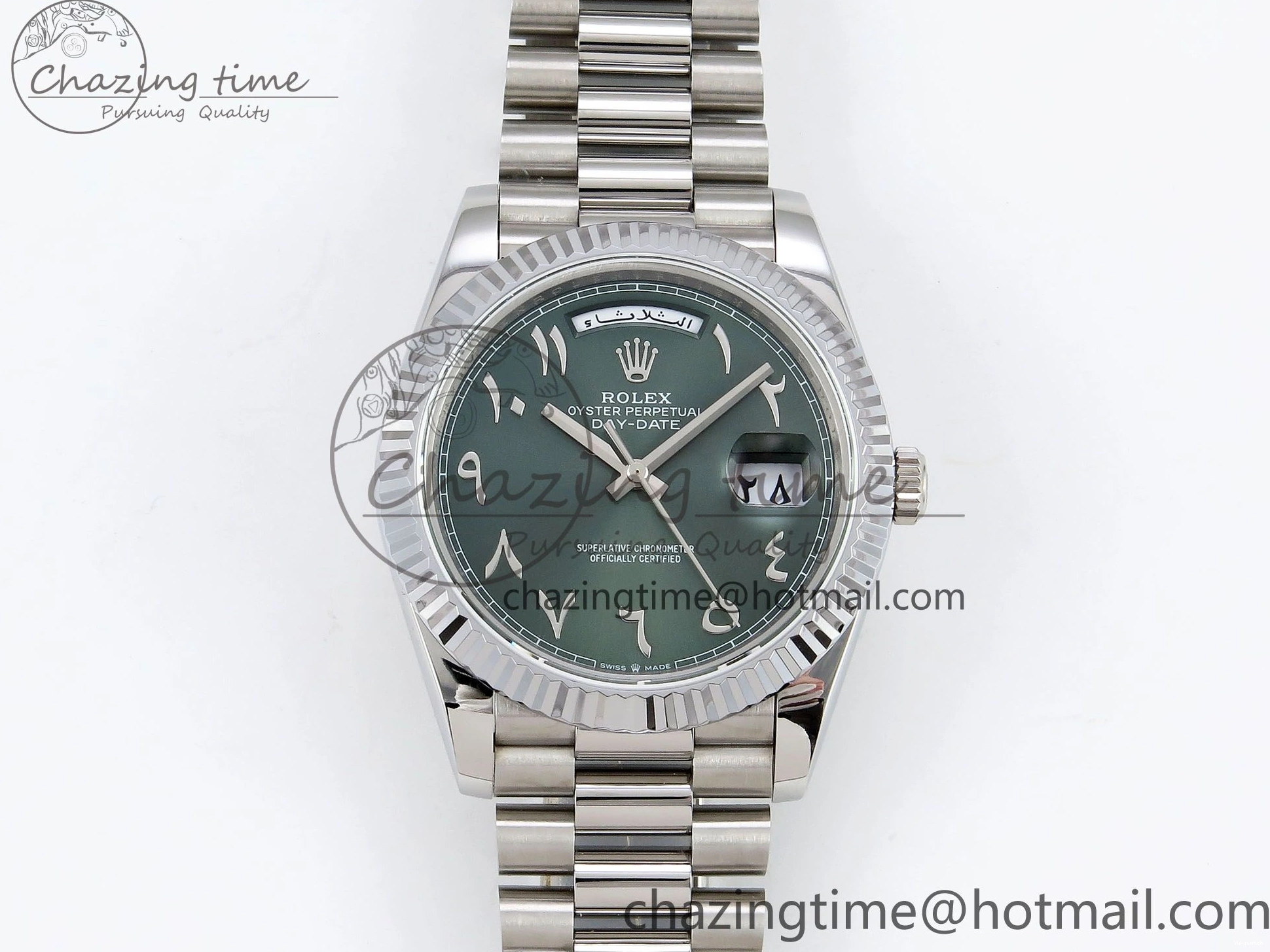 904L VR3255 DayDate SS President Green on Steel (Gain 40 Arabic Dial Weight) JDF Bracelet V3 0304